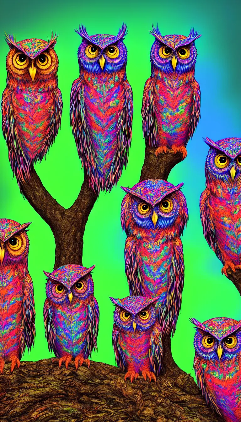 Prompt: highly detailed photo of three psychedelic owl talking to each other while sitting on tree, hyper realistic, concept art, 8 k detail post - processing