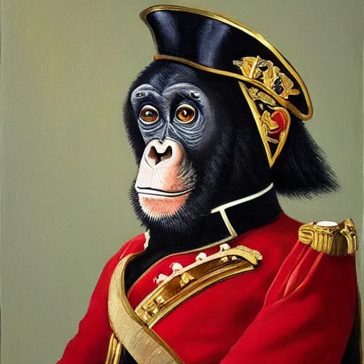 Image similar to An exquisite modern painting of a chimpanzee dressed like a bearded Napoleon with correct military uniform, no frames