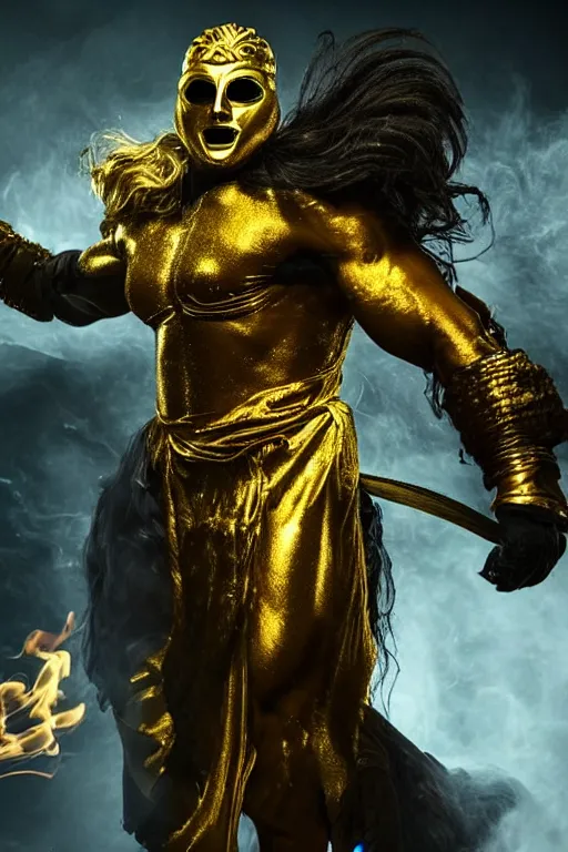 Prompt: A man wearing golden mask, hair like fire, muscular, in dark soul