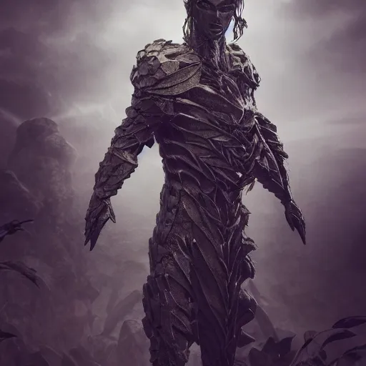 Image similar to vegetal humanoid armored botanical rune covered armor nanotechnology kryptonite protomolecule utility fog tendrils high contrast cinematic light, mystical shadows, sharp focus, divine realm of gods, octane render