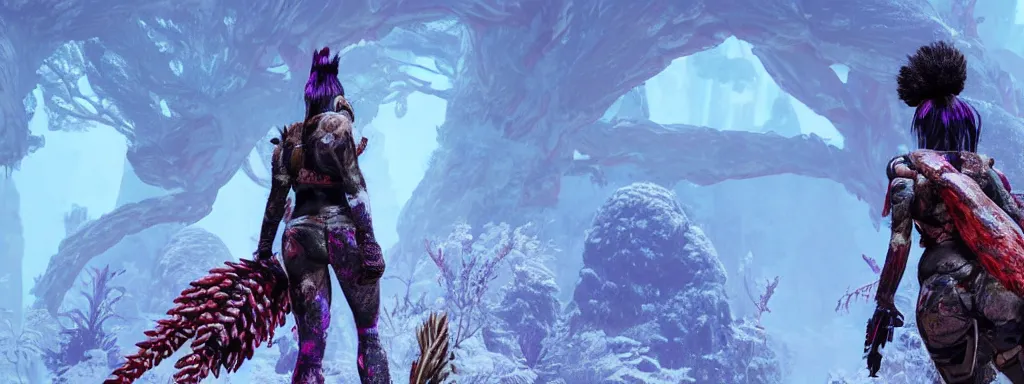 Image similar to muscular explorer woman walking forward in animal fur armour with crop top midriff, walking in a dense alien snow covered frosty jungle, with snow covered colourful red, blue and purple plants, large vines, snow covered arched organic rock structures, in the style of monster hunter world, like concept art on artstation, hyperdetailed, vray render, octane render,