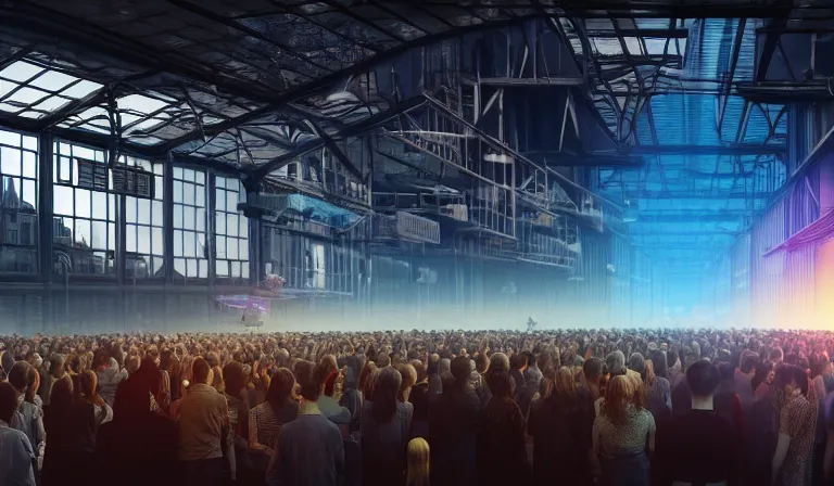 Image similar to crowd in simple warehouse, looking at hologram of futuristic city on a table, cinematic concept art, godrays, golden hour, natural sunlight, 4 k, clear details, tabletop model buildings, center model buildings, hologram center, crane shot, crane shot, crane shot