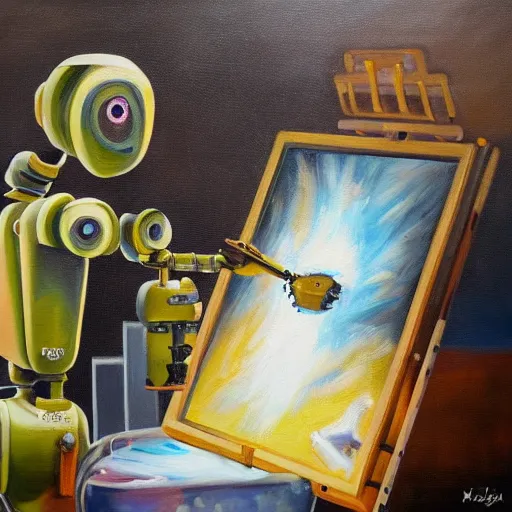 Prompt: A beautiful oil painting of a robot painting an oil painting