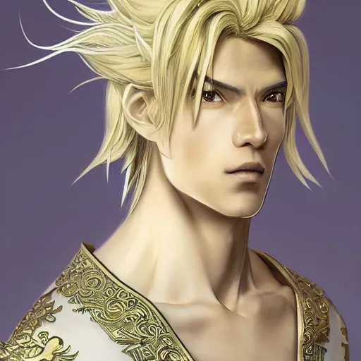 Prompt: an immortal xianxia cultivator with long blonde hair as an absurdly handsome, elegant, young anime man, ultrafine hyperrealistic detailed face illustration by kim jung gi, irakli nadar, intricate linework, sharp focus, bright colors, matte, gujian, final fantasy, unreal engine highly rendered, global illumination, radiant light, intricate environment