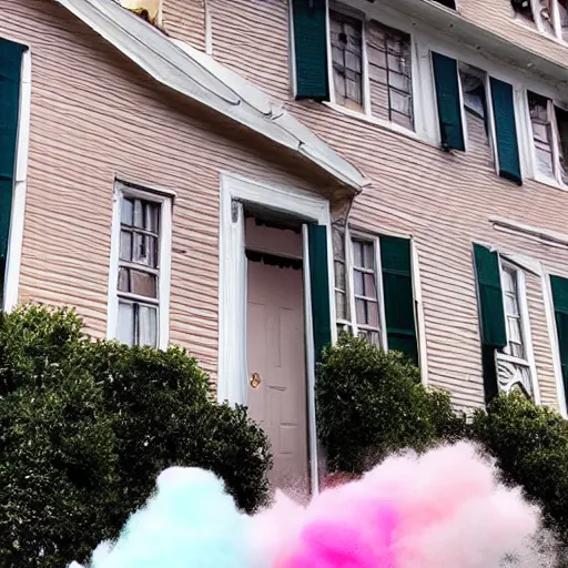 Prompt: the house is filled with cotton candy, large pieces of cotton fall out of the windows, people are shocked looking at it, sunny weather, super realistic picture, trending on news