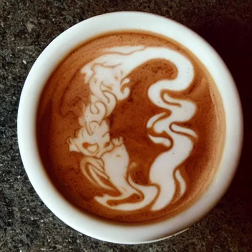 Prompt: photo, asian dragon's head as latte art, dragon face, playful, award winning,