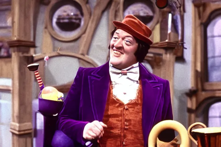 Image similar to Film still of Stephen Fry as Willy Wonka in Willy Wonka and the Chocolate Factory 1971