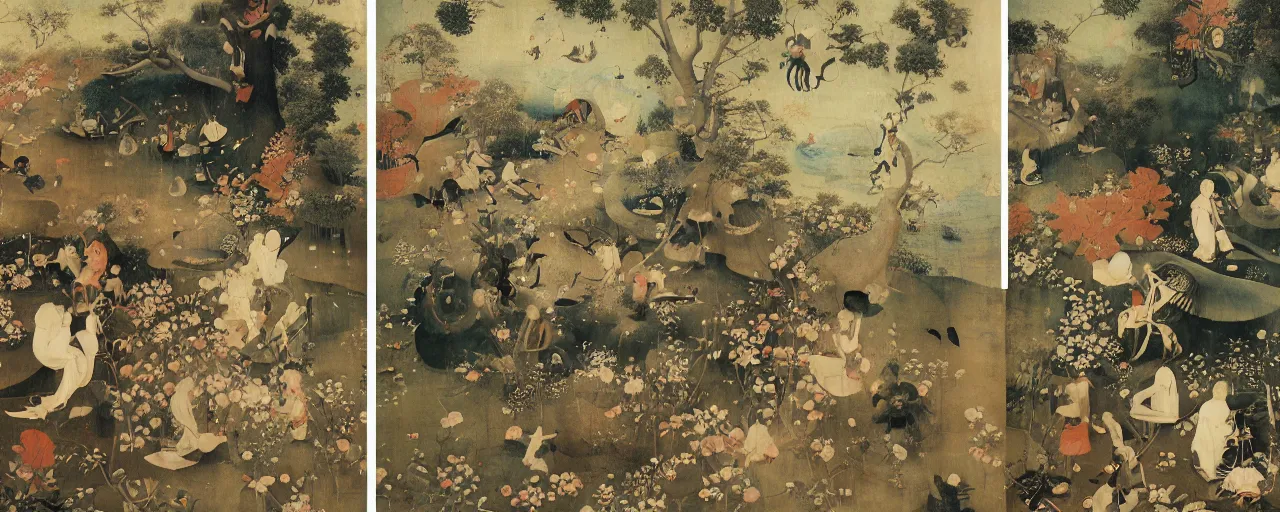 Image similar to Japanese Garden Triptych by Hieronymus Bosch and James Jean, Ross Tran, hypermaximalist, 8k, surreal oil painting, highly detailed, dream like, masterpiece