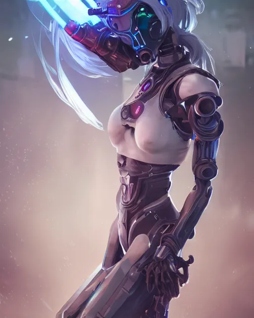 Image similar to holy cyborg necromancer girl, elegant, perfect face, scifi, futuristic, utopia, garden, illustration, atmosphere, warframe, blue eyes, white hair, focused, artstation, nier automata, highly detailed, art by yuhong ding and chengwei pan and serafleur and ina wong