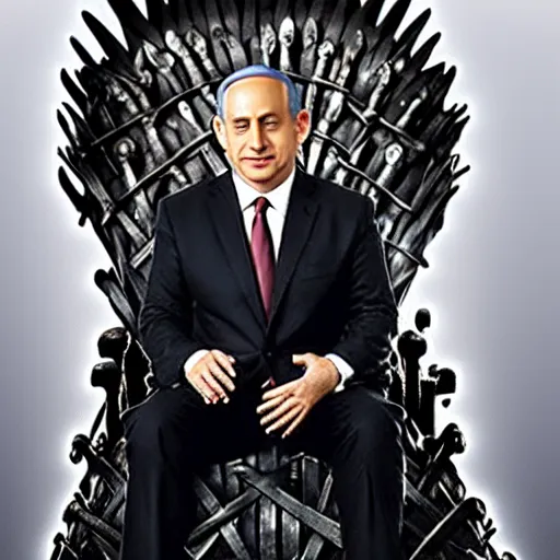 Image similar to “Benjamin Netanyahu sitting on the iron throne, 4k, award winning, Digital art, scene from game of thrones”