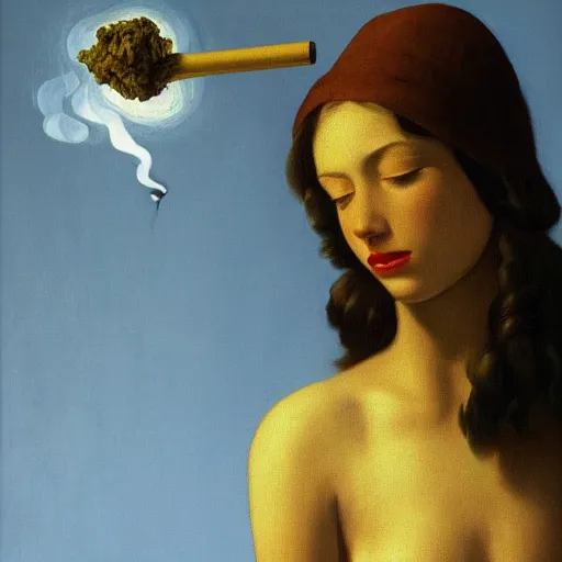 Prompt: feeling this way is a-okay, smoking hashish by the marijuana den by Raphael, Hopper, and Rene Magritte. detailed, romantic, enchanting, trending on artstation.