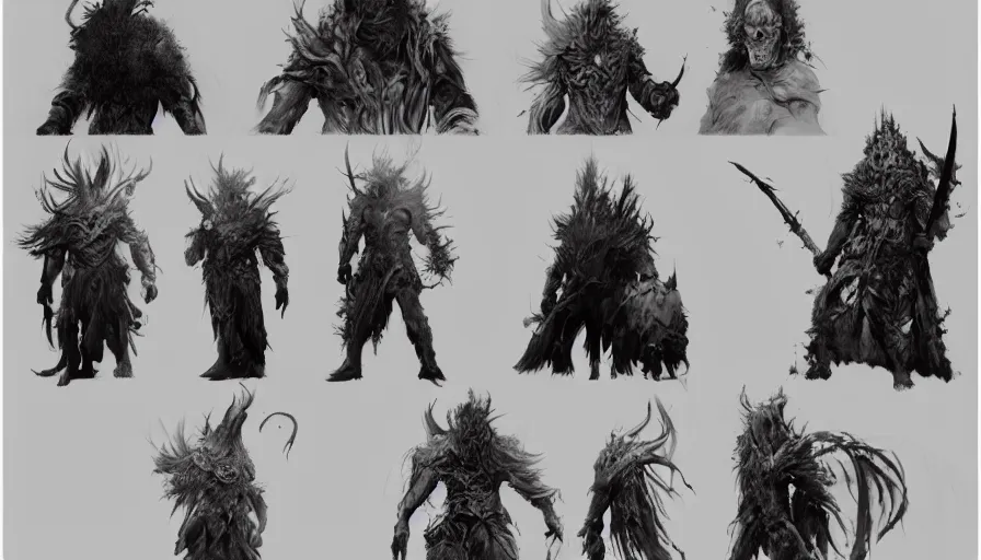 Image similar to feral chieftain charector concept sheet, beksinski, ruan jia, the hobbit orc concept, dark soul concept