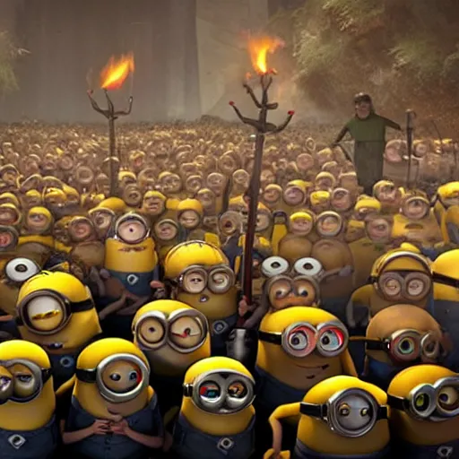 Prompt: POV of a group of minions chasing you and trying to eat you. The minions are carrying torches and pitchforks. The minions are very angry. concept art, sharp lighting, 4k, detailed, Peter Jackson, Ridley Scott, bright colors