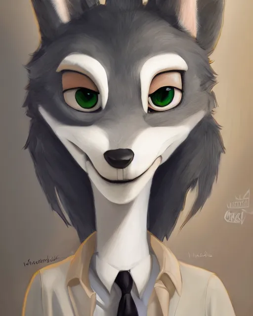 Image similar to oil painting of anthromorphic female wolf, in style of cory loftis, fursona, furry, furaffinity, 4 k, deviantart, furry art, fursona art, wearing black business suit, business suit, in style of zootopia, wolf fursona, cyberpunk, female, very very very expressive detailed feminine face,