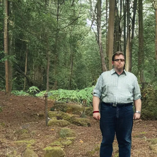 Image similar to chubby Steve Carell meditate in the Forest