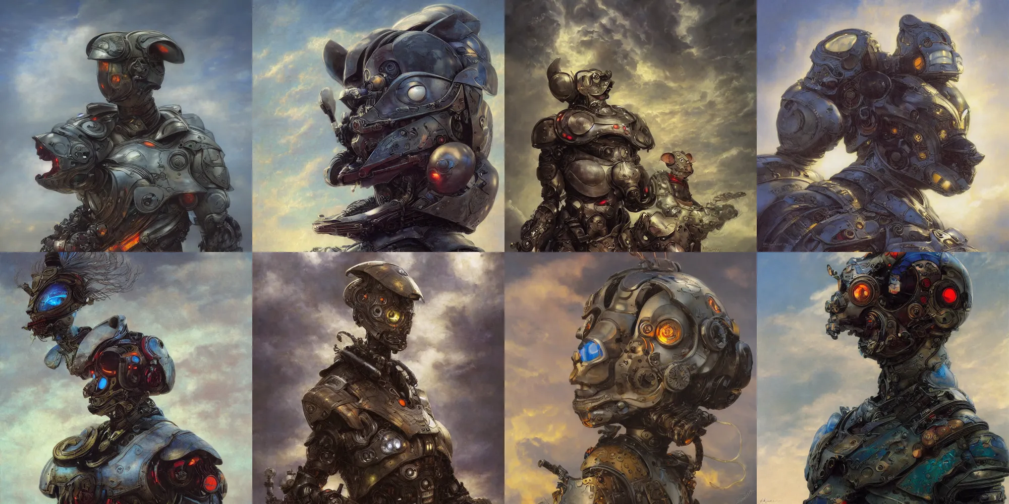 Prompt: portrait of epic anthropomorphic mouse cyborg neon armor, in clouds, cinematic studio light, windy, sunrise, wlop, by gerald brom, by mikhail vrubel, by peter elson, muted colors, extreme detail, trending on artstation