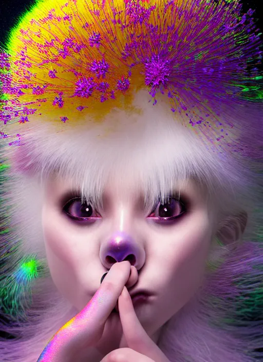 Image similar to hyper detailed 3d render like a Oil painting - kawaii portrait Aurora (white haired Singer Ferret) seen Eating of the Strangling network of yellowcake aerochrome and milky Fruit and Her delicate Hands hold of gossamer polyp blossoms bring iridescent fungal flowers whose spores black the foolish stars by Jacek Yerka, Mariusz Lewandowski, Houdini algorithmic generative render, Abstract brush strokes, Masterpiece, Edward Hopper and James Gilleard, Zdzislaw Beksinski, Mark Ryden, Wolfgang Lettl, hints of Yayoi Kasuma, octane render, 8k