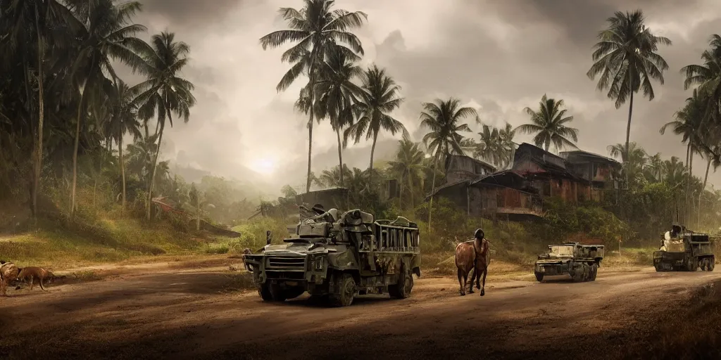 Image similar to kerala village countryside, militarised vehicles moving through, beautiful dynamic lighting, cinematic, wide angle establishing shot, extremely high detail, photo realistic, cinematic lighting, post processed, artstation, matte painting, style by eddie mendoza, raphael lacoste, alex ross, volumetric lighting, light rays, photorealistic, ultrarealistic, moody, coronarender, 8k