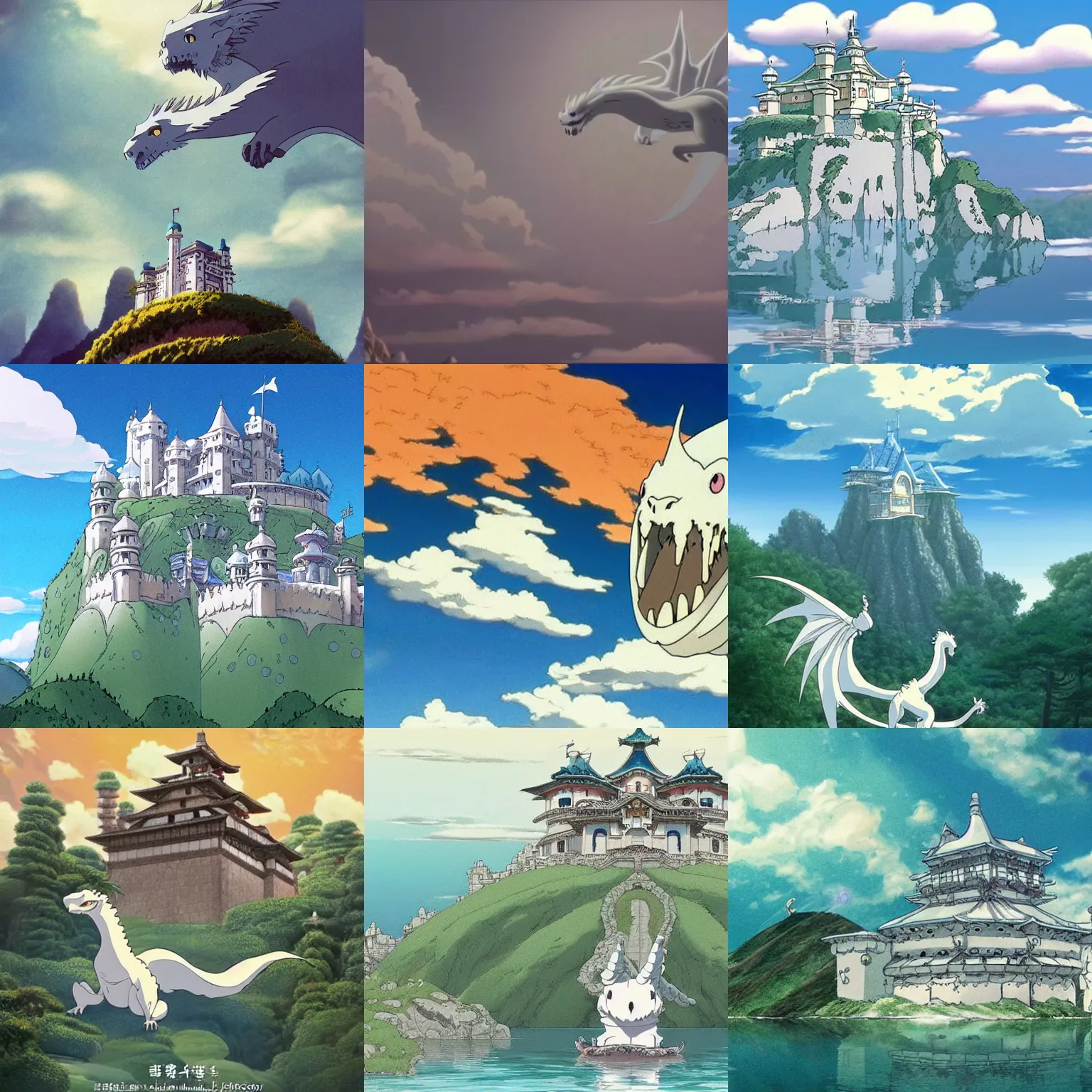 Prompt: a palace on a mountain, a white dragon flying in the sky, miyazaki's animated film, ghibli studio,