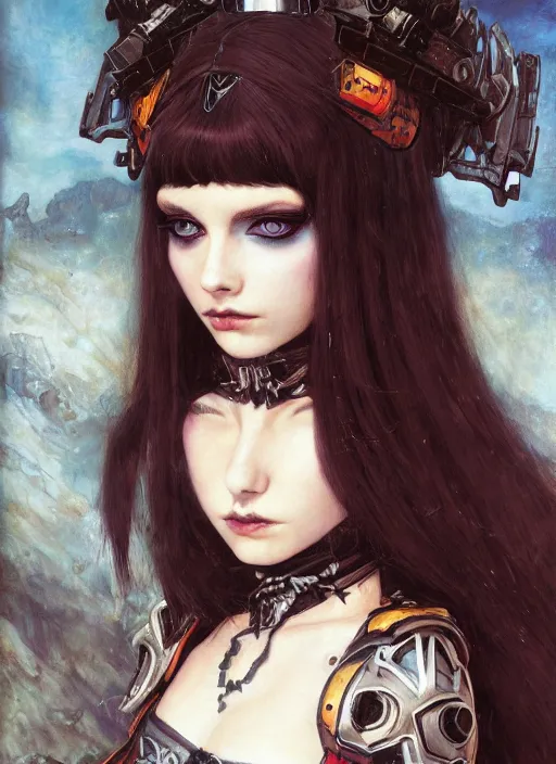 Prompt: portrait of cute beautiful young goth sister of battle from Warhammer, cyberpunk, Warhammer 40000, gothic, highly detailed, artstation, illustration, art by Gustav Klimt and Range Murata