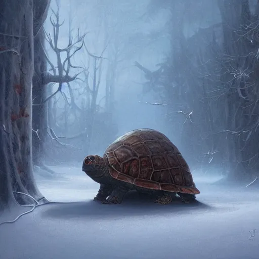 Prompt: anthropomorphic turtle humanoid, carapace, greg rutkowski, tim hildebrandt, wayne barlowe, winter, snow, night, furs, fantasy