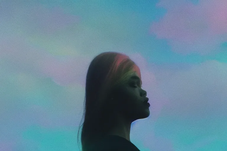 Prompt: high quality pastel coloured film photograph of a model wearing black clothing resting on clouds in a haze filled dreamstate world. three point light, rainbow. photographic production. art directed. pastel colours. volumetric clouds. pastel gradient overlay. waves glitch artefacts. 8 k. filmic.