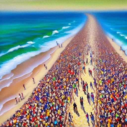 Image similar to photorealistic oil painting of thousands of people walking in single file on a beach