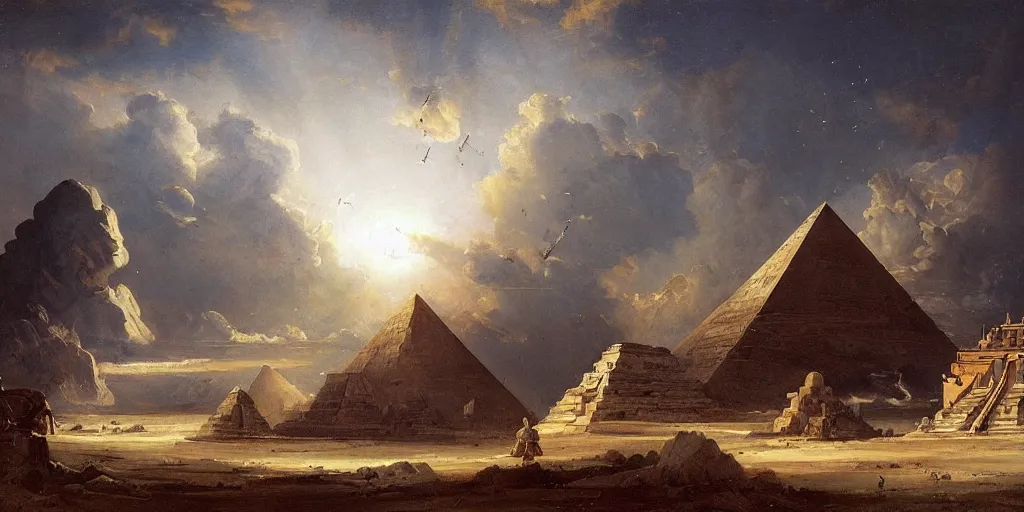 Image similar to hubert robert simonetti rutkowski epic painting watching spaceship starship in the sky, background is mesoamerican truncated pyramid