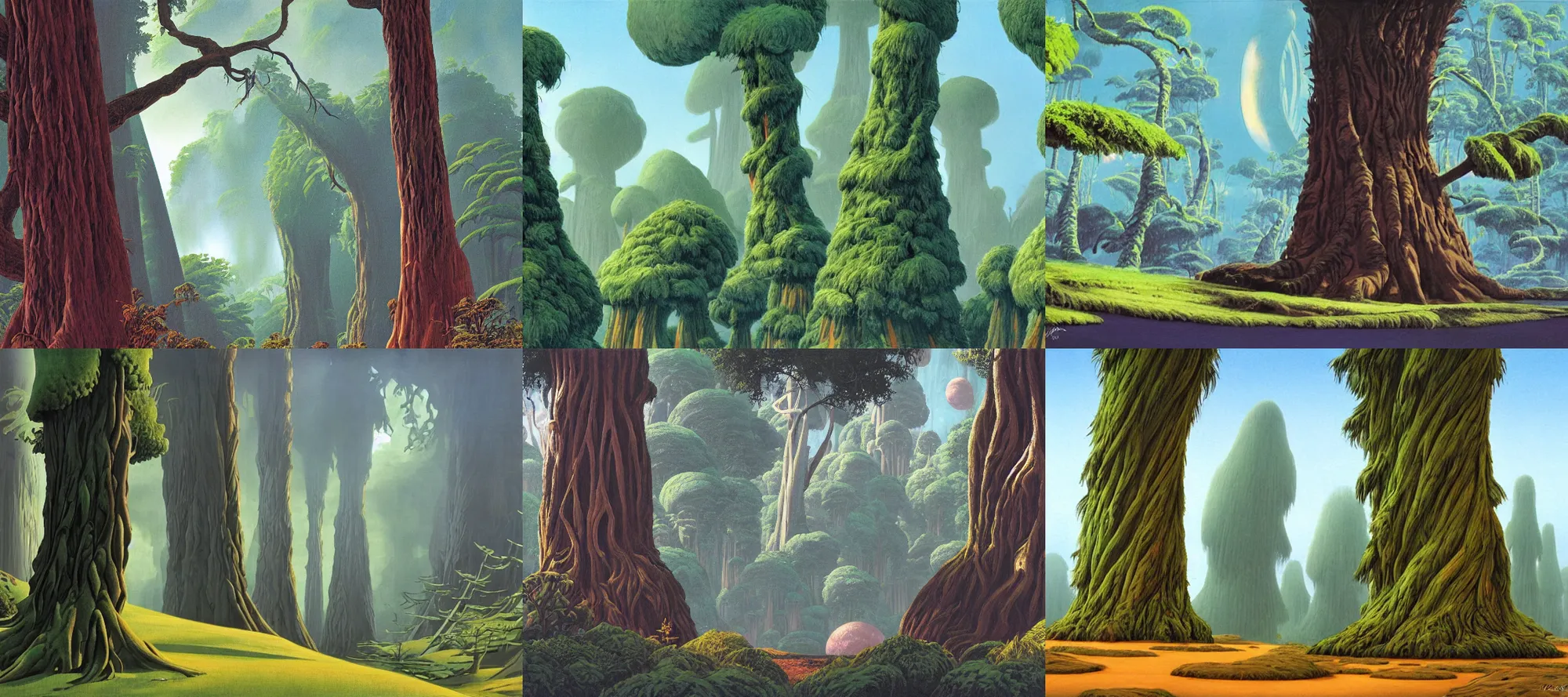 Prompt: A Kashyyyk landscape in the style of Dr. Seuss, giant trees, painting by Ralph McQuarrie