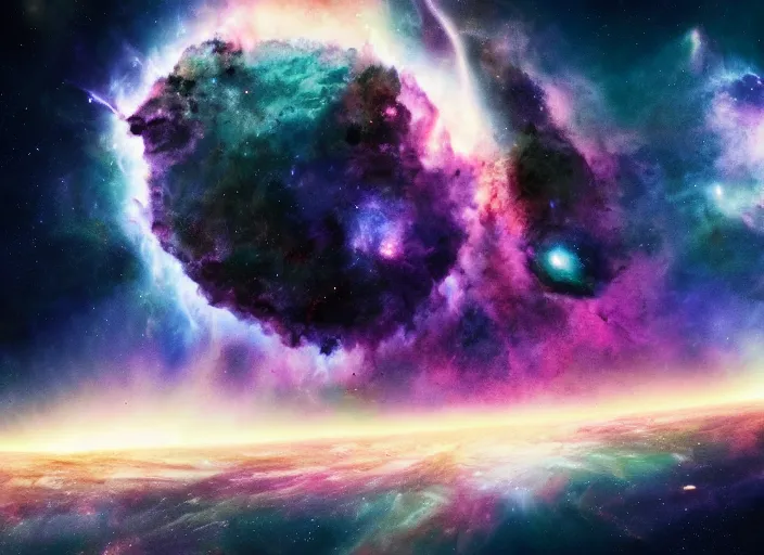 Image similar to A deep space universal collapse, cataclysmic, majestic, cosmic destruction, detailed, 4k, nebulas colliding, immaculate space and scale