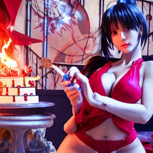 Prompt: mai shiranui blowing out candles on a birthday cake, menacing atmosphere, anime, video game, livia prima