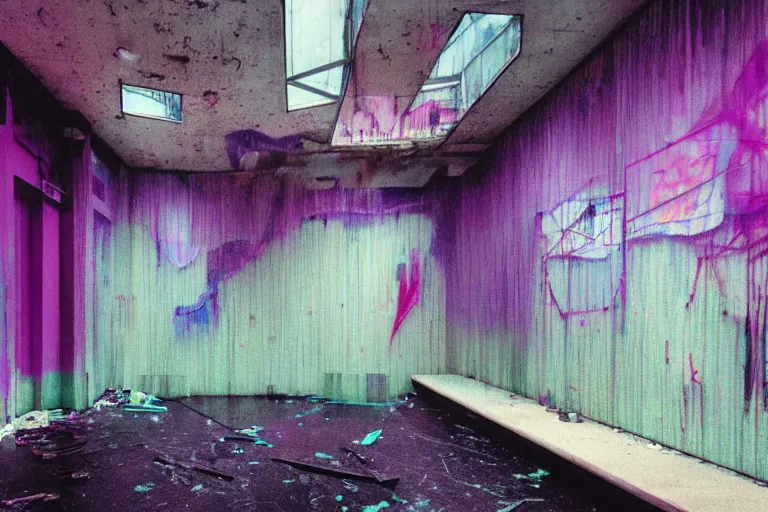 Image similar to abandoned 9 0 s mall interior, rain like a dream, oil painting, cinematic, overgrown, dramatic, volumetric lighting, cyberpunk, basquiat + francis bacon + gustav klimt + beeple, elevated street art, fantasy lut, textural, pink, blue, purple, green,