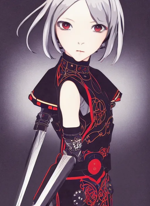 Image similar to ilya kuvshinov anime reol in ornate armor, last exile, murata range, fine detail, perfect anime face, dramatic lighting, dynamic composition, art deco, cel shading, vivid, rich texture, alphonse mucha, ( ( ( colorful ) ) ), yoshinari yoh