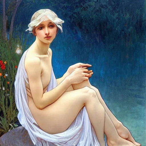 Prompt: beautiful oil painting full body portrait of fairy princess soft skin silver hair looking at the water by Alphonse mucha and Noah Bradley