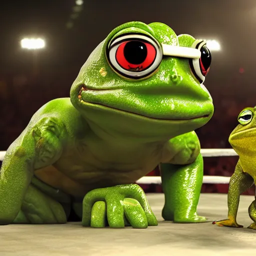 Prompt: dwayne johnson and pepe the frog wrestling in arena, dwayne johnson fighting the frog in a boxing ring, toad, dynamic composition, very detailed photography award winning, 8 k