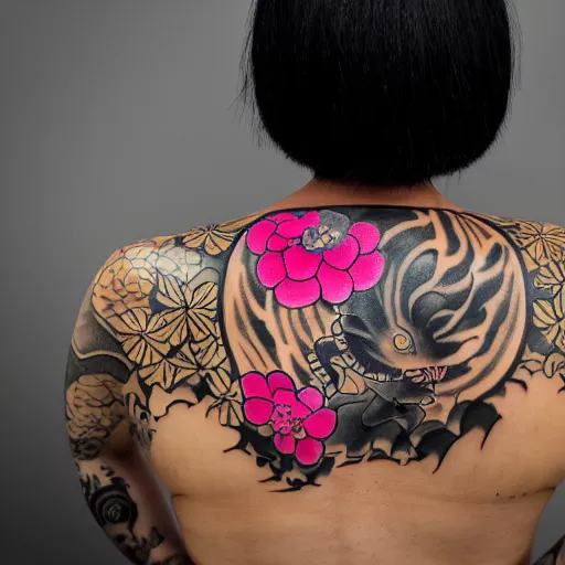 Image similar to photography of the back of a woman with a black detailed irezumi tatto representing a gold tiger with pink flowers on her entire back, dark hangar background, mid-shot, editorial photography