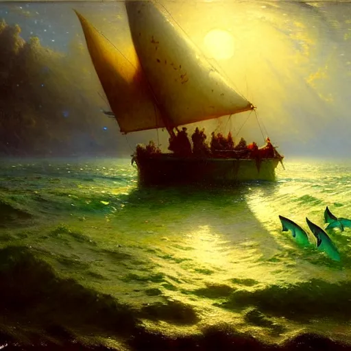 Prompt: point of view of deep in the ocean looking up, you see fishes, the milk way, night time, midnight, no sunlight. highly detailed painting by gaston bussiere, greg rutkowski 8 k