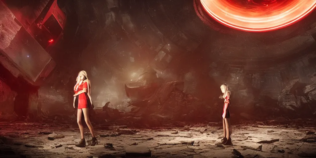 Image similar to a blonde girl standing front of a huge towering and broken stone tablet with red light + alien pattern + an abandoned spaceship, stands in the center of a prosperous city at the end of the world, and the power and energy is explode, secret, mysterious, doomsday, landscape, 2 4 mm lens, video game control, quantum break, arknights,