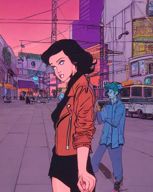 Prompt: portrait of an attractive young female protagonist wearing leather jacket, center focus, in city street, detailed artwork by ralph bakshi