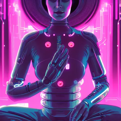 Image similar to a portrait of a beautiful cybernetic woman meditating in lotus pose, cyberpunk concept art by josan gonzales and jean claude meziere and syd mead