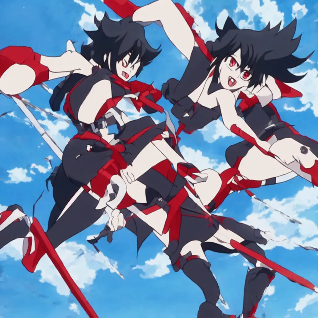 Prompt: Ryuko Matoi in an action pose, full-body high-angle shot, still from anime