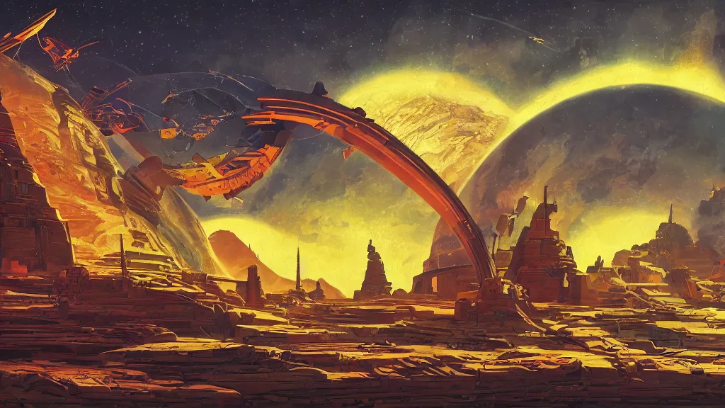 Image similar to artwork in the style of finnian macmanus and in the style of chesley bonestell.