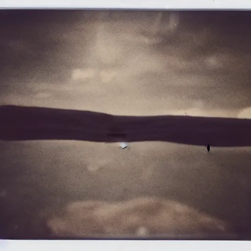 Image similar to a big flat rock flying through the sky, blurry photo, old polaroid, expired film, historical photo,