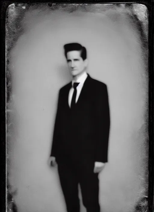 Prompt: tintype photograph of agent dale cooper from twin peaks in the red room, old, grainy, ominous, black and white