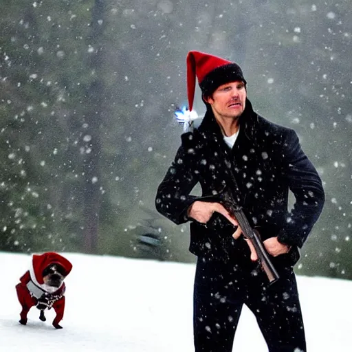 Prompt: tom cruise in costume with a christmas hat and a small dog and a kalachnikov. wood cabin and a lake in the background. it's snowing.