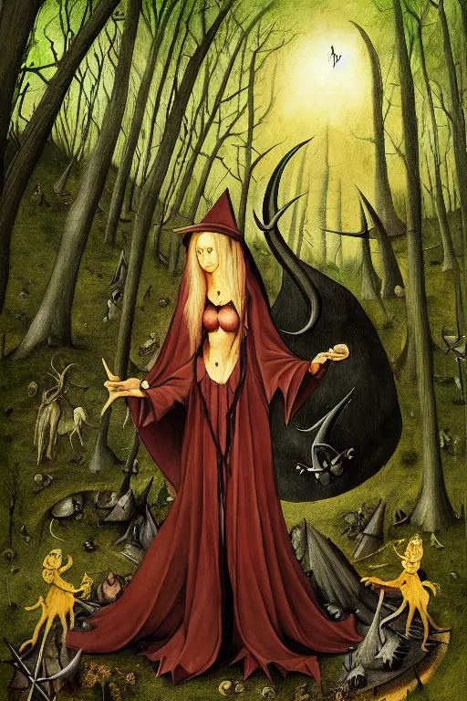 Prompt: satanic witch in the evil forest, fantasy, 8 k resolution, hyper detailed, character design, digital painting, sharp focus, illustration, art by hieronymus bosch