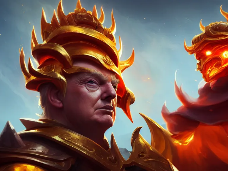 Prompt: portrait of sun emperor donald trump, flaming heavy armor and whip, rule of thirds, orange gradient, photorealistic facial features, league of legends splash art, by chengwei pan, huang guangjian, viktoria gavrilenko, artgerm, greg rutkowski, 8 k, octane, digital painting, artstation