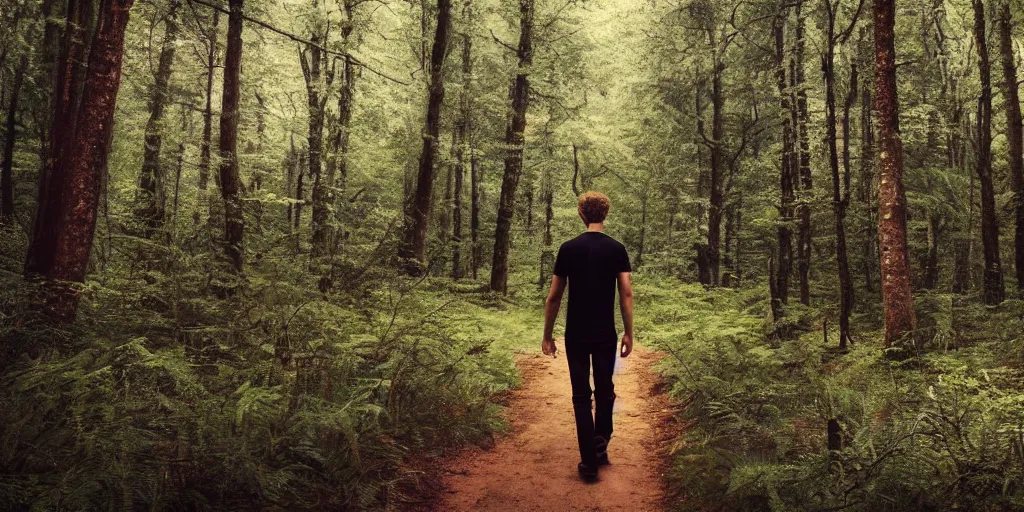 Prompt: fotorealistic image of a young man walking in the forest