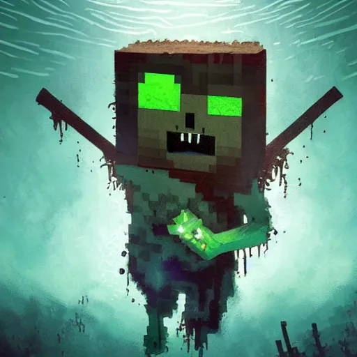 Prompt: painting by greg rutkowski of a minecraft drowned zombie with glowing cyan eyes, wearing ragged clothing and and algae growing on it, holding a trident, underwater