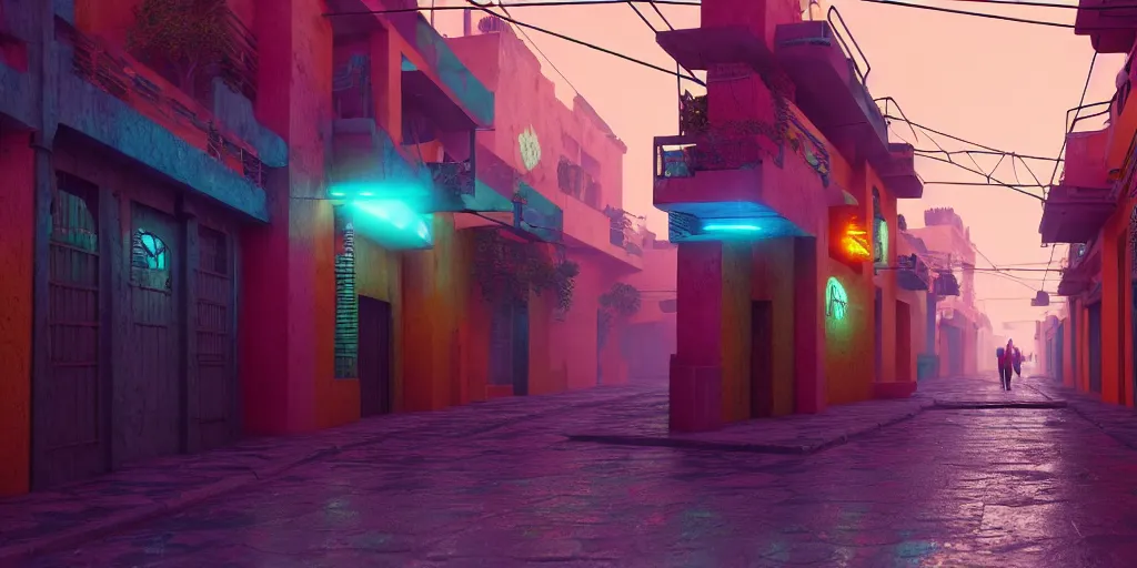 Image similar to a futuristic small mexican town cobbled street, blade runner 2 0 4 9 guanajuato alleys, futuristic colonial city architecture, mexican dia de muertos decorations, environmental lighting, stromy weather, ray tracing, amazing view, highly detailed, neon shops, octane render, unreal engine 5, 4 k